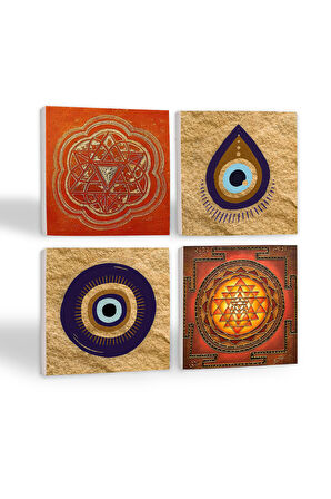 Nazar, Sri Yantra Taş Bardak Altlığı Masaüstü Koruyucu Altlık 4 Parça Set 10x10cm Stone Coasters