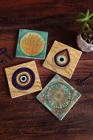 Nazar, Lotus Çiçeği, Yaşam Çiçeği Taş Bardak Altlığı Masaüstü Koruyucu Altlık 4 Parça Set 10x10cm Stone Coasters