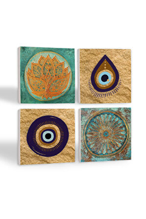 Nazar, Lotus Çiçeği, Yaşam Çiçeği Taş Bardak Altlığı Masaüstü Koruyucu Altlık 4 Parça Set 10x10cm Stone Coasters