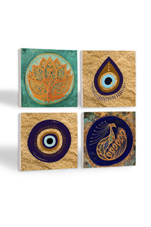 Nazar, Lotus Çiçeği, Tavus Kuşu Taş Bardak Altlığı Masaüstü Koruyucu Altlık 4 Parça Set 10x10cm Stone Coasters