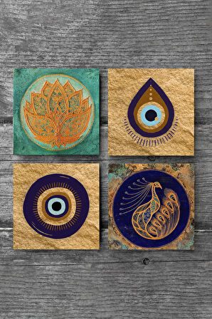 Nazar, Lotus Çiçeği, Tavus Kuşu Taş Bardak Altlığı Masaüstü Koruyucu Altlık 4 Parça Set 10x10cm Stone Coasters