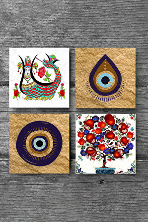 Nazar, Şahmeran, Nar Ağacı Taş Bardak Altlığı Masaüstü Koruyucu Altlık 4 Parça Set 10x10cm Stone Coasters