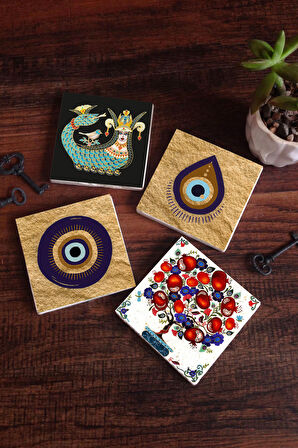 Nazar, Şahmeran, Nar Ağacı Taş Bardak Altlığı Masaüstü Koruyucu Altlık 4 Parça Set 10x10cm Stone Coasters