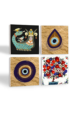 Nazar, Şahmeran, Nar Ağacı Taş Bardak Altlığı Masaüstü Koruyucu Altlık 4 Parça Set 10x10cm Stone Coasters