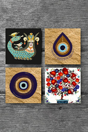 Nazar, Şahmeran, Nar Ağacı Taş Bardak Altlığı Masaüstü Koruyucu Altlık 4 Parça Set 10x10cm Stone Coasters