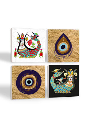 Nazar, Şahmeran Taş Bardak Altlığı Masaüstü Koruyucu Altlık 4 Parça Set 10x10cm Stone Coasters