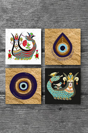 Nazar, Şahmeran Taş Bardak Altlığı Masaüstü Koruyucu Altlık 4 Parça Set 10x10cm Stone Coasters