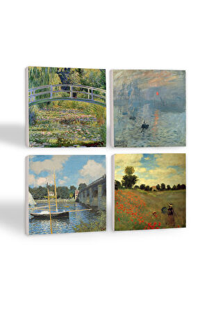 Claude Monet Argenteuil'de Köprü, Gelincikler, İzlenim Gün Doğumu, Nilüfer Gölü Taş Bardak Altlığı Masaüstü Koruyucu Altlık 4 Parça Set 10x10cm Stone Coasters