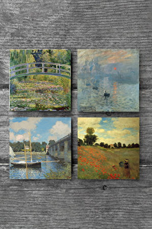 Claude Monet Argenteuil'de Köprü, Gelincikler, İzlenim Gün Doğumu, Nilüfer Gölü Taş Bardak Altlığı Masaüstü Koruyucu Altlık 4 Parça Set 10x10cm Stone Coasters