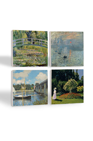 Monet Bahçedeki Kadın, Argenteuil'de Köprü, İzlenim Gün Doğumu, Nilüfer Gölü Taş Bardak Altlığı Masaüstü Koruyucu Altlık 4 Parça Set 10x10cm Stone Coasters