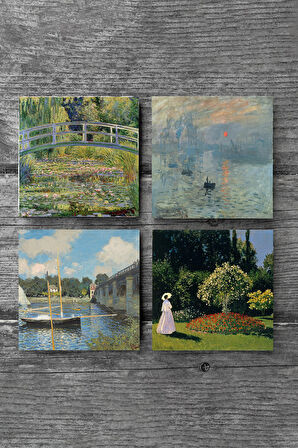 Monet Bahçedeki Kadın, Argenteuil'de Köprü, İzlenim Gün Doğumu, Nilüfer Gölü Taş Bardak Altlığı Masaüstü Koruyucu Altlık 4 Parça Set 10x10cm Stone Coasters