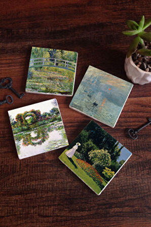 Claude Monet Gül Çiçekli Kemer, Bahçedeki Kadın, İzlenim Gün Doğumu, Nilüfer Gölü Taş Bardak Altlığı Masaüstü Koruyucu Altlık 4 Parça Set 10x10cm Stone Coasters