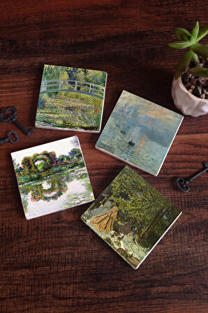 Monet Gül Çiçekli Kemer, Kırda Öğle Yemeği, İzlenim Gün Doğumu, Nilüfer Gölü Taş Bardak Altlığı Masaüstü Koruyucu Altlık 4 Parça Set 10x10cm Stone Coasters