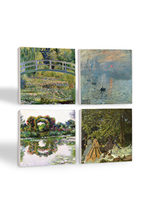 Monet Gül Çiçekli Kemer, Kırda Öğle Yemeği, İzlenim Gün Doğumu, Nilüfer Gölü Taş Bardak Altlığı Masaüstü Koruyucu Altlık 4 Parça Set 10x10cm Stone Coasters