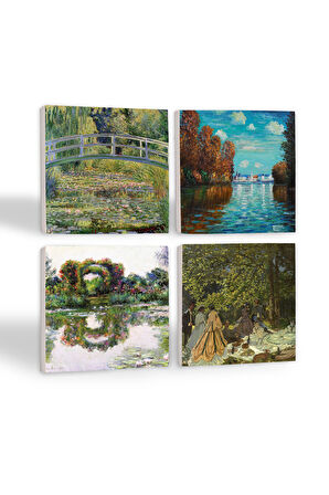 Claude Monet Sonbahar, Gül Çiçekli Kemer, Kırda Öğle Yemeği, Nilüfer Gölü Taş Bardak Altlığı Masaüstü Koruyucu Altlık 4 Parça Set 10x10cm Stone Coasters