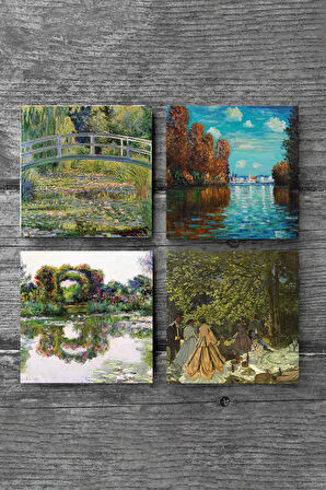 Claude Monet Sonbahar, Gül Çiçekli Kemer, Kırda Öğle Yemeği, Nilüfer Gölü Taş Bardak Altlığı Masaüstü Koruyucu Altlık 4 Parça Set 10x10cm Stone Coasters