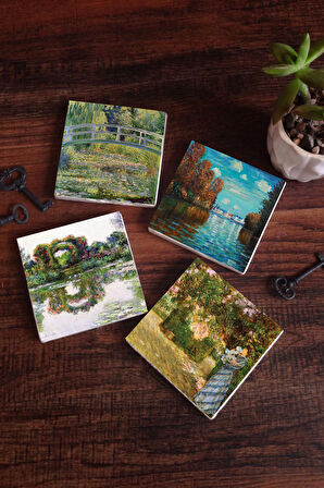 Claude Monet Sonbahar, Bahçede, Gül Çiçekli Kemer, Nilüfer Gölü Taş Bardak Altlığı Masaüstü Koruyucu Altlık 4 Parça Set 10x10cm Stone Coasters