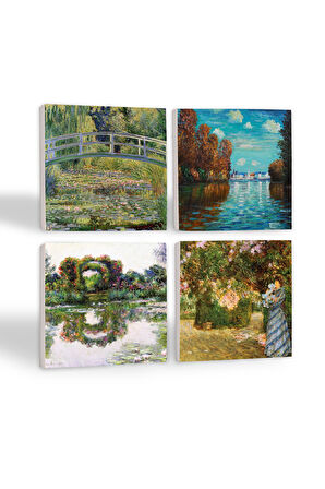 Claude Monet Sonbahar, Bahçede, Gül Çiçekli Kemer, Nilüfer Gölü Taş Bardak Altlığı Masaüstü Koruyucu Altlık 4 Parça Set 10x10cm Stone Coasters