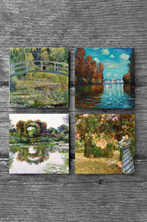 Claude Monet Sonbahar, Bahçede, Gül Çiçekli Kemer, Nilüfer Gölü Taş Bardak Altlığı Masaüstü Koruyucu Altlık 4 Parça Set 10x10cm Stone Coasters
