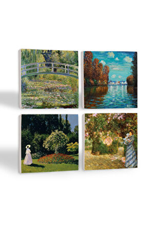 Claude Monet Sonbahar, Bahçede, Bahçedeki Kadın, Nilüfer Gölü Taş Bardak Altlığı Masaüstü Koruyucu Altlık 4 Parça Set 10x10cm Stone Coasters