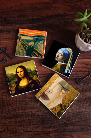 Çığlık, İnci Küpeli Kız, Gustav Klimt Altın Gözyaşları, Da Vinci Mona Lisa Taş Bardak Altlığı Masaüstü Koruyucu Altlık 4 Parça Set 10x10cm Stone Coasters
