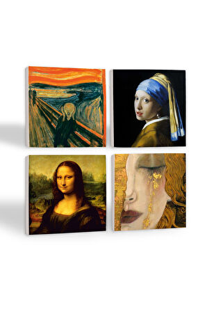 Çığlık, İnci Küpeli Kız, Gustav Klimt Altın Gözyaşları, Da Vinci Mona Lisa Taş Bardak Altlığı Masaüstü Koruyucu Altlık 4 Parça Set 10x10cm Stone Coasters