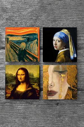 Çığlık, İnci Küpeli Kız, Gustav Klimt Altın Gözyaşları, Da Vinci Mona Lisa Taş Bardak Altlığı Masaüstü Koruyucu Altlık 4 Parça Set 10x10cm Stone Coasters
