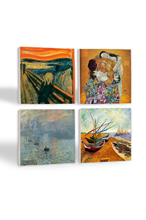 Van Gogh Balıkçı Tekneleri, Monet Gün Doğumu, Çığlık, Klimt Aile Kucaklama Taş Bardak Altlığı Masaüstü Koruyucu Altlık 4 Parça Set 10x10cm Stone Coasters