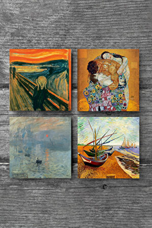 Van Gogh Balıkçı Tekneleri, Monet Gün Doğumu, Çığlık, Klimt Aile Kucaklama Taş Bardak Altlığı Masaüstü Koruyucu Altlık 4 Parça Set 10x10cm Stone Coasters