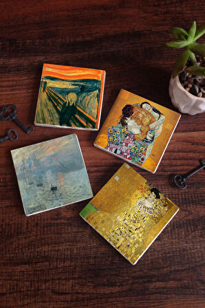 Gustav Klimt Aile Kucaklama, Bauer'in Portresi, Monet Gün Doğumu, Çığlık Taş Bardak Altlığı Masaüstü Koruyucu Altlık 4 Parça Set 10x10cm Stone Coasters