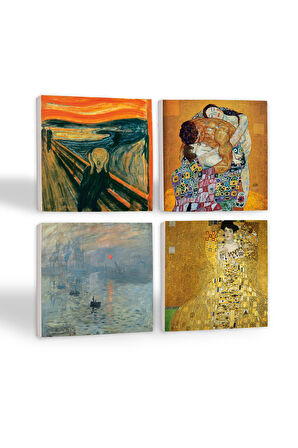 Gustav Klimt Aile Kucaklama, Bauer'in Portresi, Monet Gün Doğumu, Çığlık Taş Bardak Altlığı Masaüstü Koruyucu Altlık 4 Parça Set 10x10cm Stone Coasters