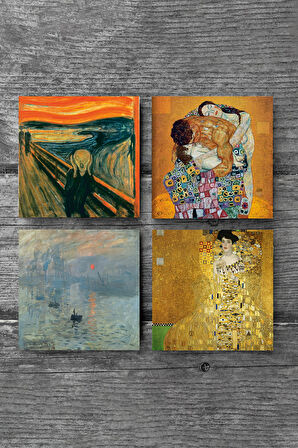 Gustav Klimt Aile Kucaklama, Bauer'in Portresi, Monet Gün Doğumu, Çığlık Taş Bardak Altlığı Masaüstü Koruyucu Altlık 4 Parça Set 10x10cm Stone Coasters