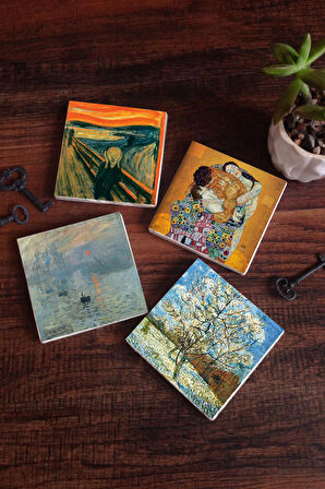 Van Gogh Şeftali Ağacı, Monet Gün Doğumu, Çığlık, Gustav Klimt Aile Kucaklama Taş Bardak Altlığı Masaüstü Koruyucu Altlık 4 Parça Set 10x10cm Stone Coasters
