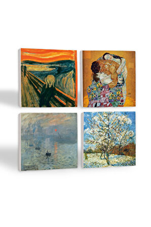 Van Gogh Şeftali Ağacı, Monet Gün Doğumu, Çığlık, Gustav Klimt Aile Kucaklama Taş Bardak Altlığı Masaüstü Koruyucu Altlık 4 Parça Set 10x10cm Stone Coasters