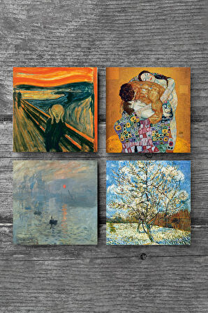 Van Gogh Şeftali Ağacı, Monet Gün Doğumu, Çığlık, Gustav Klimt Aile Kucaklama Taş Bardak Altlığı Masaüstü Koruyucu Altlık 4 Parça Set 10x10cm Stone Coasters