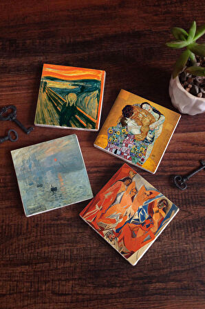 Picasso Avignonlu Kızlar, Monet Gün Doğumu, Çığlık, Klimt Aile Kucaklama Taş Bardak Altlığı Masaüstü Koruyucu Altlık 4 Parça Set 10x10cm Stone Coasters