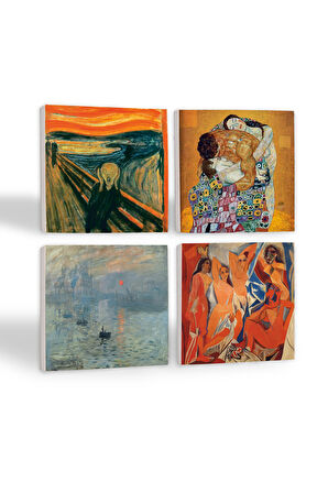 Picasso Avignonlu Kızlar, Monet Gün Doğumu, Çığlık, Klimt Aile Kucaklama Taş Bardak Altlığı Masaüstü Koruyucu Altlık 4 Parça Set 10x10cm Stone Coasters