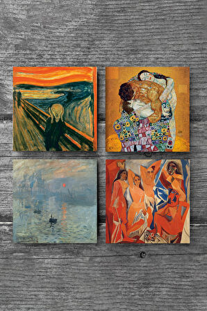 Picasso Avignonlu Kızlar, Monet Gün Doğumu, Çığlık, Klimt Aile Kucaklama Taş Bardak Altlığı Masaüstü Koruyucu Altlık 4 Parça Set 10x10cm Stone Coasters