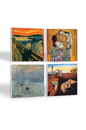 Dalí Belleğin Azmi, Monet Gün Doğumu, Çığlık, Klimt Aile Kucaklama Taş Bardak Altlığı Masaüstü Koruyucu Altlık 4 Parça Set 10x10cm Stone Coasters