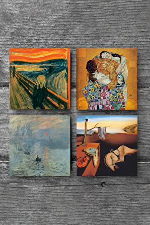 Dalí Belleğin Azmi, Monet Gün Doğumu, Çığlık, Klimt Aile Kucaklama Taş Bardak Altlığı Masaüstü Koruyucu Altlık 4 Parça Set 10x10cm Stone Coasters