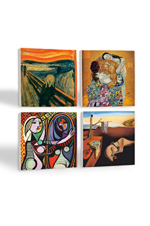 Dalí Belleğin Azmi, Picasso Ayna Karşısındaki Kız, Çığlık, Klimt Aile Kucaklama Taş Bardak Altlığı Masaüstü Koruyucu Altlık 4 Parça Set 10x10cm Stone Coasters