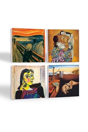 Dalí Belleğin Azmi, Picasso Dora Maar’ın Portresi, Çığlık, Klimt Aile Kucaklama Taş Bardak Altlığı Masaüstü Koruyucu Altlık 4 Parça Set 10x10cm Stone Coasters