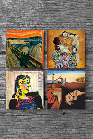 Dalí Belleğin Azmi, Picasso Dora Maar’ın Portresi, Çığlık, Klimt Aile Kucaklama Taş Bardak Altlığı Masaüstü Koruyucu Altlık 4 Parça Set 10x10cm Stone Coasters