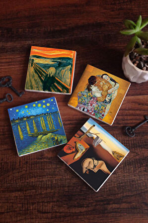 Dalí Belleğin Azmi, Van Gogh Ren Nehri’nde Bir Gece, Çığlık, Klimt Aile Kucaklama Taş Bardak Altlığı Masaüstü Koruyucu Altlık 4 Parça Set 10x10cm Stone Coasters