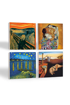 Dalí Belleğin Azmi, Van Gogh Ren Nehri’nde Bir Gece, Çığlık, Klimt Aile Kucaklama Taş Bardak Altlığı Masaüstü Koruyucu Altlık 4 Parça Set 10x10cm Stone Coasters