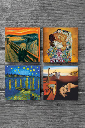 Dalí Belleğin Azmi, Van Gogh Ren Nehri’nde Bir Gece, Çığlık, Klimt Aile Kucaklama Taş Bardak Altlığı Masaüstü Koruyucu Altlık 4 Parça Set 10x10cm Stone Coasters