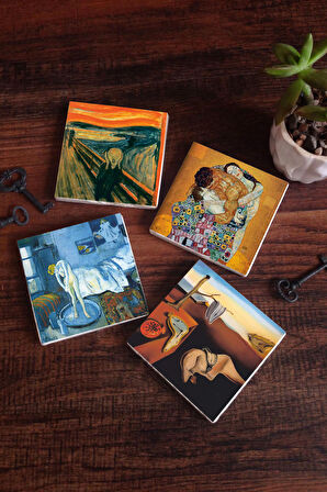 Dalí Belleğin Azmi, Picasso Mavi Oda, Çığlık, Gustav Klimt Aile Kucaklama Taş Bardak Altlığı Masaüstü Koruyucu Altlık 4 Parça Set 10x10cm Stone Coasters