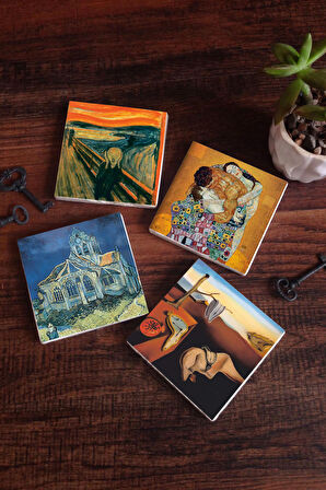 Dalí Belleğin Azmi, Van Gogh Kilise, Çığlık, Klimt Aile Kucaklama Taş Bardak Altlığı Masaüstü Koruyucu Altlık 4 Parça Set 10x10cm Stone Coasters