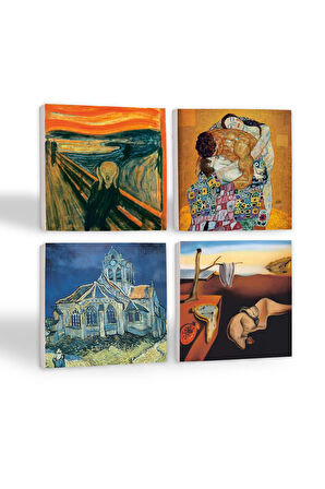 Dalí Belleğin Azmi, Van Gogh Kilise, Çığlık, Klimt Aile Kucaklama Taş Bardak Altlığı Masaüstü Koruyucu Altlık 4 Parça Set 10x10cm Stone Coasters