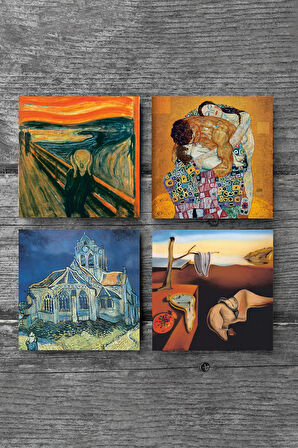 Dalí Belleğin Azmi, Van Gogh Kilise, Çığlık, Klimt Aile Kucaklama Taş Bardak Altlığı Masaüstü Koruyucu Altlık 4 Parça Set 10x10cm Stone Coasters